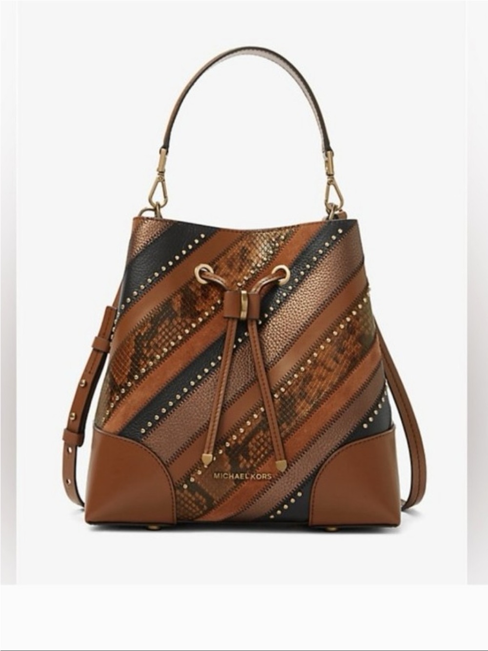 MICHAEL KORS Brown & Black Snakeskin-Stripe Drawstring Bucket Bag